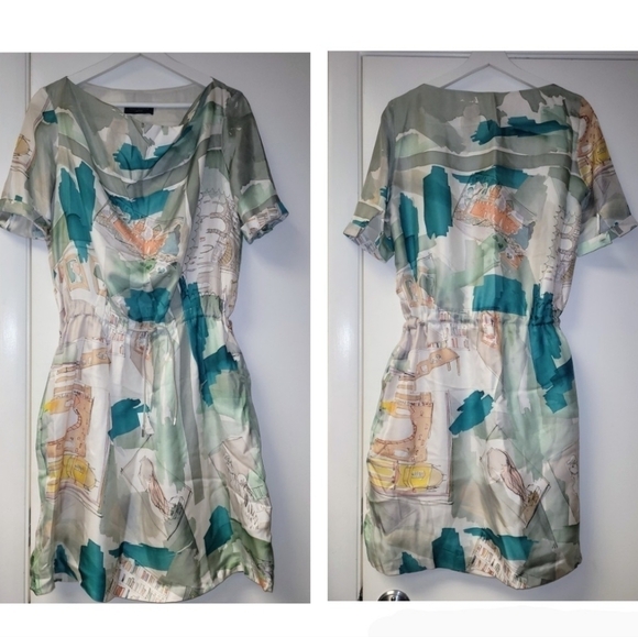 Piazza Sempione Silk Watercolor Italian Monuments Print Drawstring Dress Size S - Picture 16 of 16